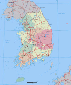 Large political and administrative map of South Korea with roads and major cities.