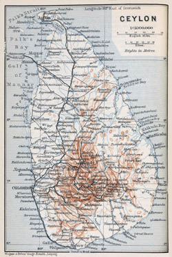 Large detailed old map of Sri Lanka with roads, cities and relief - 1914.