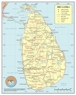 Large detailed political and administrative map of Sri Lanka with roads, cities and airports.
