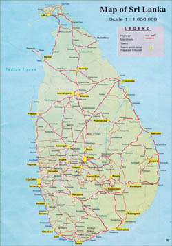 Large detailed road map of Sri Lanka with cities.