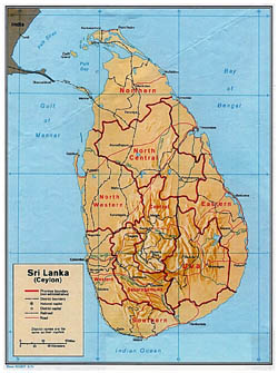 Large political and administrative map of Sri Lanka with relief - 1974.