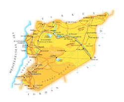 Detailed elevation map of Syria with roads, cities and airports.