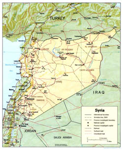 Detailed political and administrative map of Syria with relief, roads and major cities - 1990.
