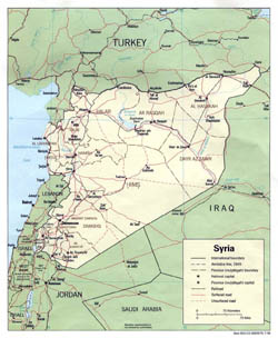 Detailed political and administrative map of Syria with roads and major cities - 1990.