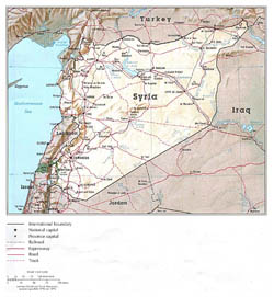 Detailed political map of Syria with relief, roads and major cities.