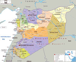 Large political and administrative map of Syria with roads, cities and airports.