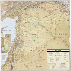Large scale political map of Syria with relief, roads, cities, airports and other marks - 2004.