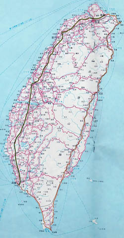 Detailed map of Taiwan with roads and cities.