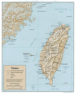Detailed political and administrative map of Taiwan with relief, roads and major cities - 1992.
