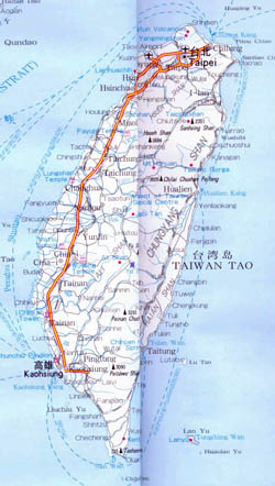 Detailed road map of Taiwan with cities.