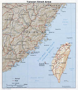 Large Taiwan Strait Area map with relief - 1976.