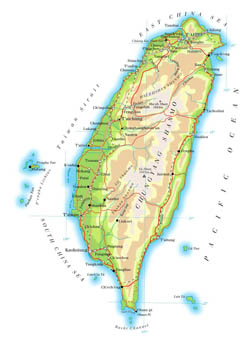 Large elevation map of Taiwan with roads, cities and airports.