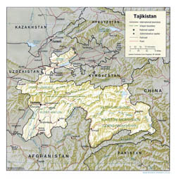 Detailed political and administrative map of Tajikistan with relief, roads and major cities - 2001.