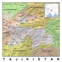 Detailed political map of Tajikistan with relief.
