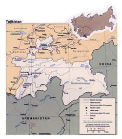 Detailed political map of Tajikistan with roads and major cities.