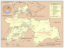 Large detailed political and administrative map of Tajikistan with roads, cities and airports.