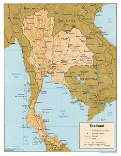 Detailed political map of Thailand with relief, roads and major cities - 1988.