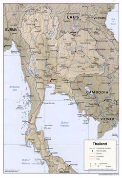 Detailed political map of Thailand with relief, roads and major cities - 2002.