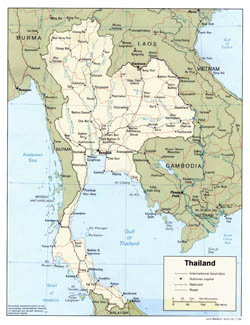 Detailed political map of Thailand with roads and major cities - 1988.