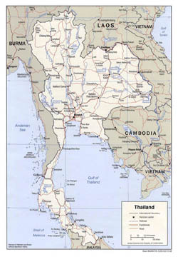 Detailed political map of Thailand with roads and major cities - 2002.