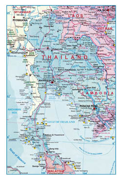 Large detailed road map of Thailand with airports.