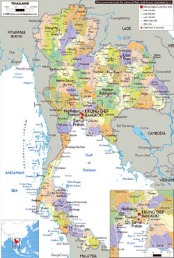 Large political and administrative map of Thailand with roads, cities and airports.