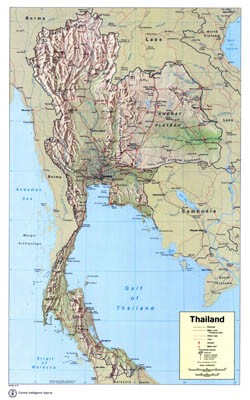 Large scale political map of Thailand with relief, roads, railroads, major cities, airports and seaports - 1974.