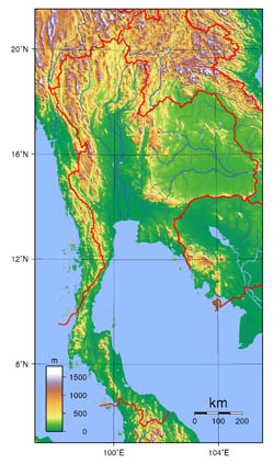 Large topographical map of Thailand.