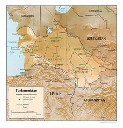 Detailed political and administrative map of Turkmenistan with relief - 1994.