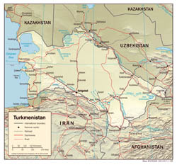 Large detailed political map of Turkmenistan with relief, roads and major cities - 2008.