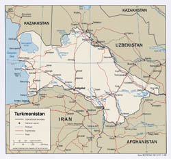 Large detailed political map of Turkmenistan with roads and major cities - 2008.