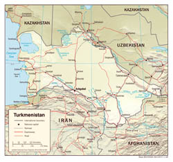 Large scale political map of Turkmenistan with relief, roads and major cities - 2008.
