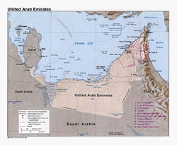 Detailed political map of United Arab Emirates with relief - 1984.