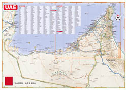 Detailed road map of United Arab Emirates with relief and all cities.