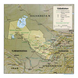 Detailed political and administrative map of Uzbekistan with relief, roads and major cities - 1994.