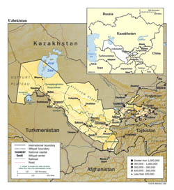 Large political and administrative map of Uzbekistan with relief - 1995.