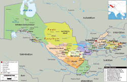 Large political and administrative map of Uzbekistan with roads, cities and airports.