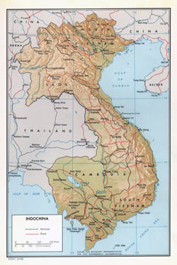 Detailed political map of Indochina with relief - 1968.