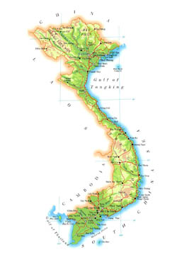 Large elevation map of Vietnam with roads, cities and airports.