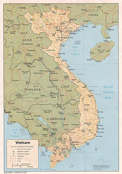 Large political and administrative map of Vietnam with relief, roads and major cities - 1985.