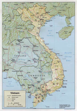 Large political map of Vietnam with relief, roads and major cities - 1992.