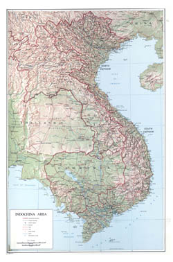 Large scale political map of Indochina with relief - 1970.