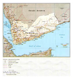 Detailed political map of Yemen with relief.