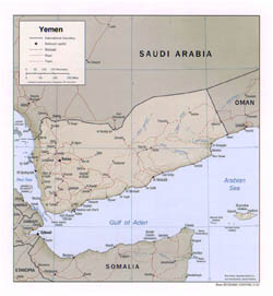 Large political map of Yemen with relief - 2002.