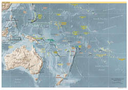 Large detailed political map of Australia and Oceania with relief, capitals and major cities - 1999.