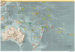 Large detailed political map of Australia and Oceania with relief, capitals and major cities - 2001.