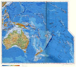 Large physical map of Australia and Oceania in russian.