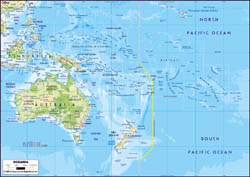 Large physical map of Australia and Oceania with major roads and major cities.
