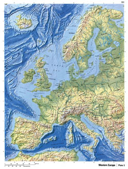 Detailed relief map of Western Europe.