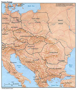 Large political map of Eastern Europe with relief, capitals and major cities - 1984.